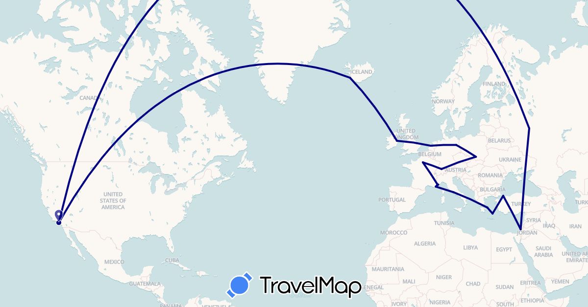 TravelMap itinerary: driving in Switzerland, Germany, France, Greece, Ireland, Israel, Iceland, Italy, Monaco, Netherlands, Poland, Russia, Turkey, United States (Asia, Europe, North America)